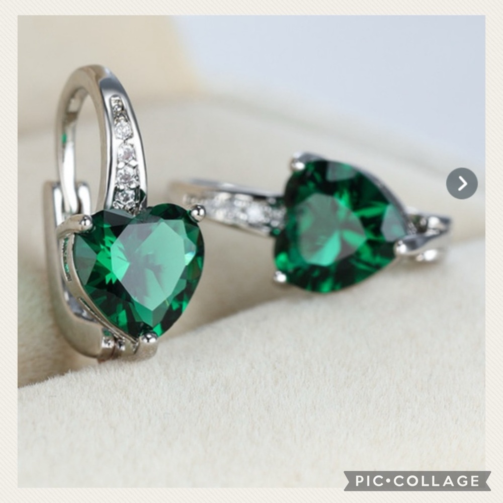 NEW 925 Green Heart Shaped Sterling Silver Rhinestone Earrings